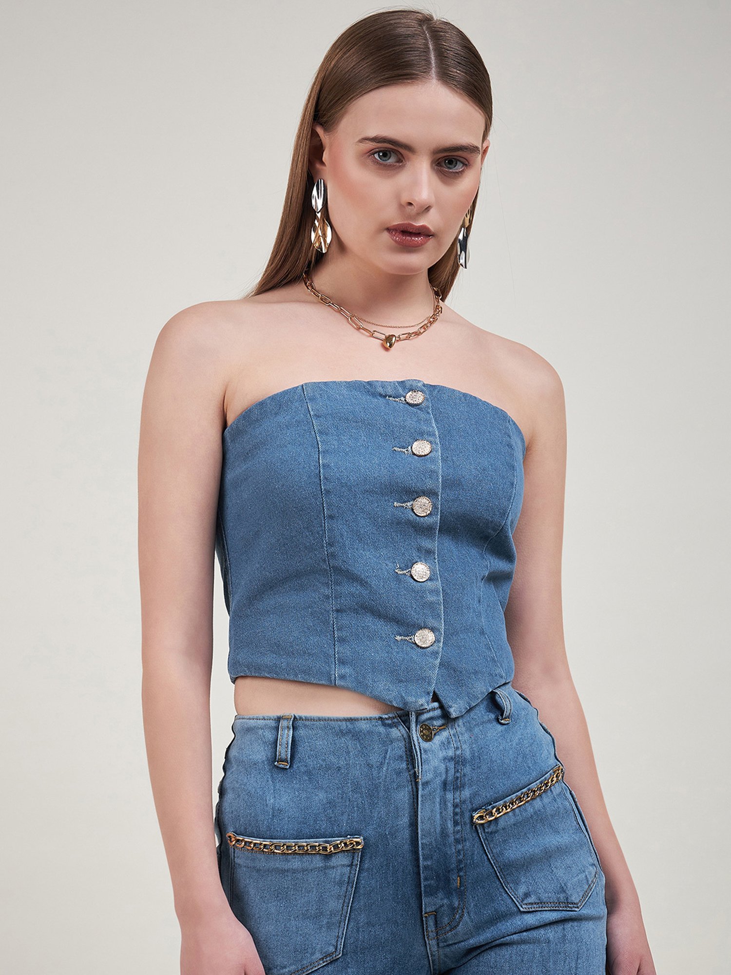 KASSUALLY Blue Denim Relaxed Fit Crop Top