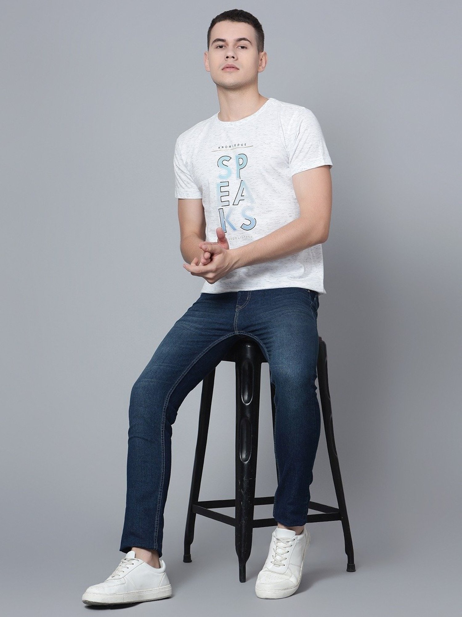 Cantabil Ecru Melange Cotton Regular Fit Printed T-Shirt