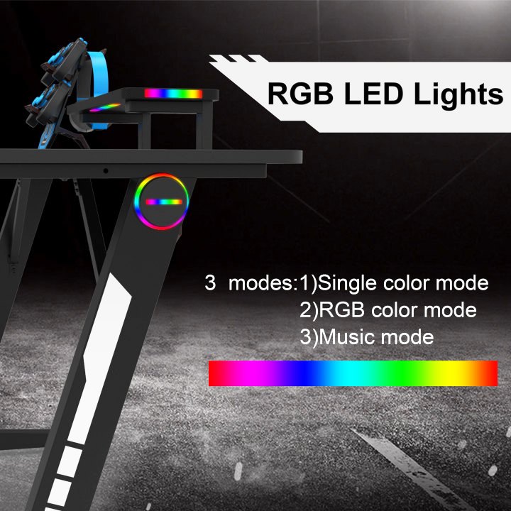 Gaming Desk Z-Shaped Computer Desk Gamer Workstation Gamer Table with RGB Lights Monitor Stand Carbon Fiber Surface Cup Holder Headphone Hook Plug Board Holder