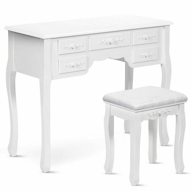 Costway White Tri Folding Oval Wood Vanity Makeup Table Set 7 Drawers
