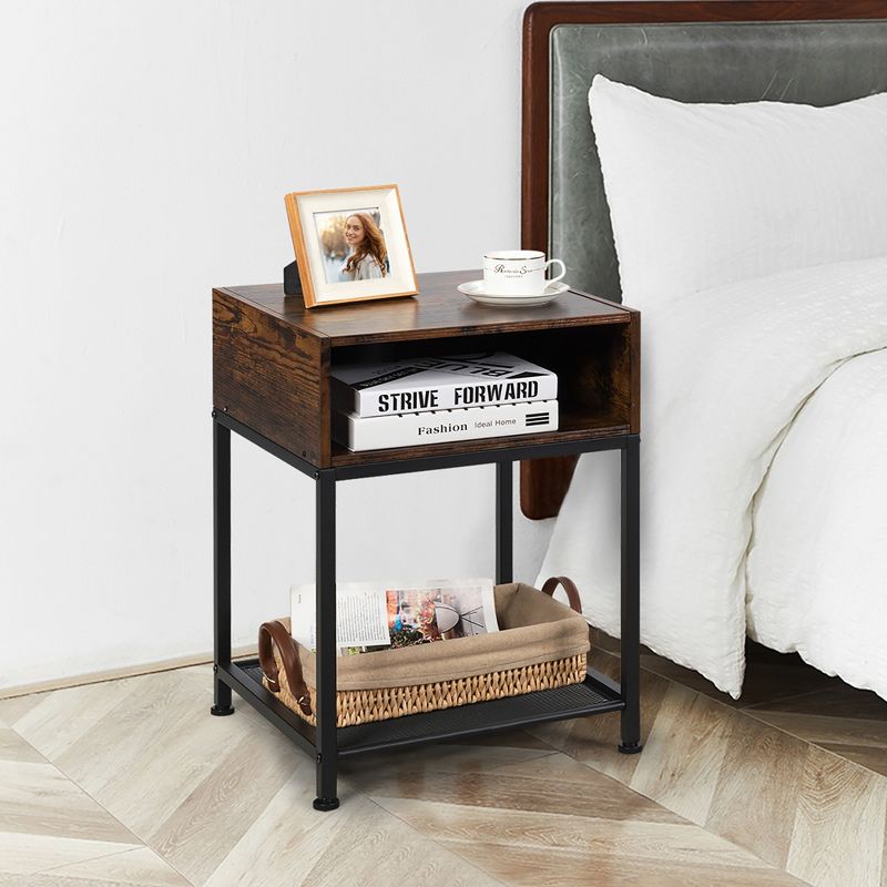 Costway Set of 2 Industrial Nightstand End Side Table W/ Compartment & Mesh Shelf