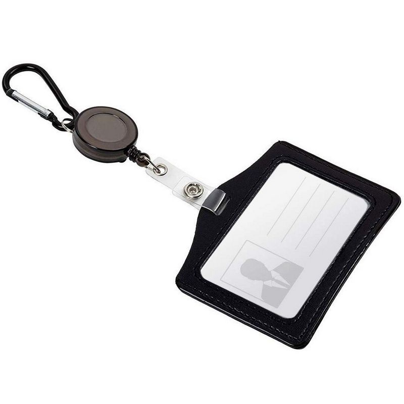 6-Pack Retractable Reel ID Badge Holder and Key Ring, PU Leather Name Badge Holder Key Reel with Retractable Cord, 25.5-Inch, Horizontal, Black