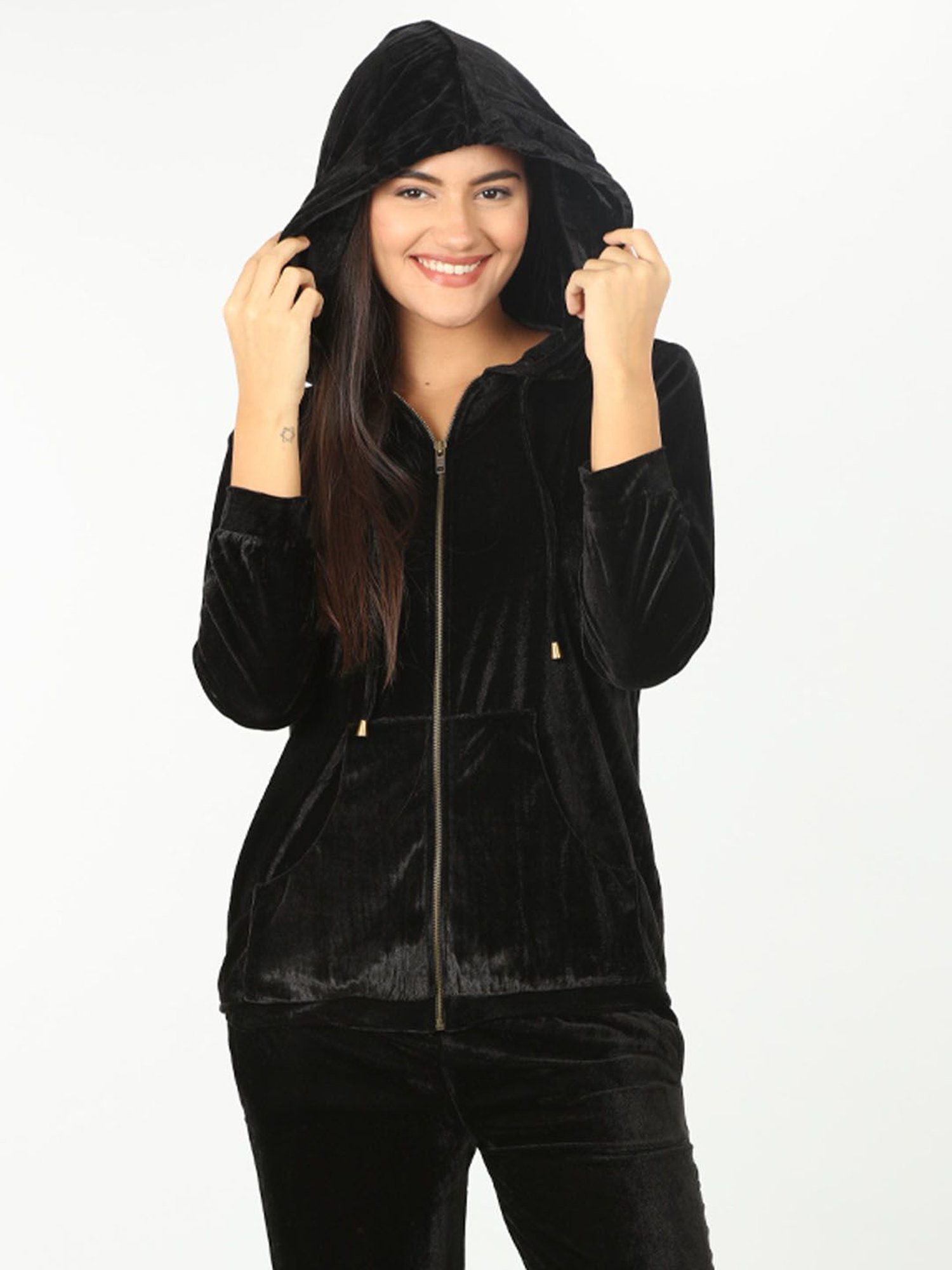 Mustard Black Velvet Regular Fit Hoodie