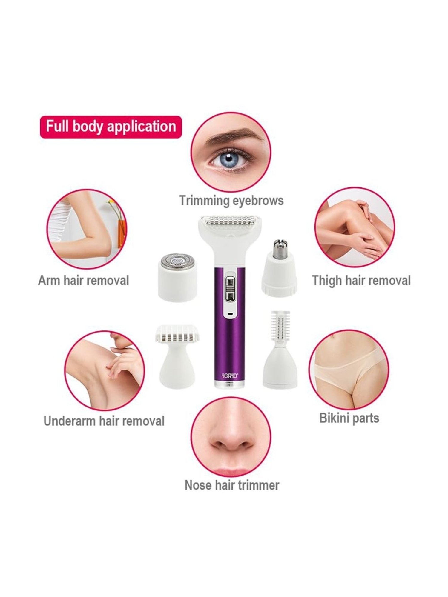 iGRiD IG4020 5-in-1 Electric Trimmer for Women for Eyebrow, Bikini, Underarm Hair Remover (Purple)