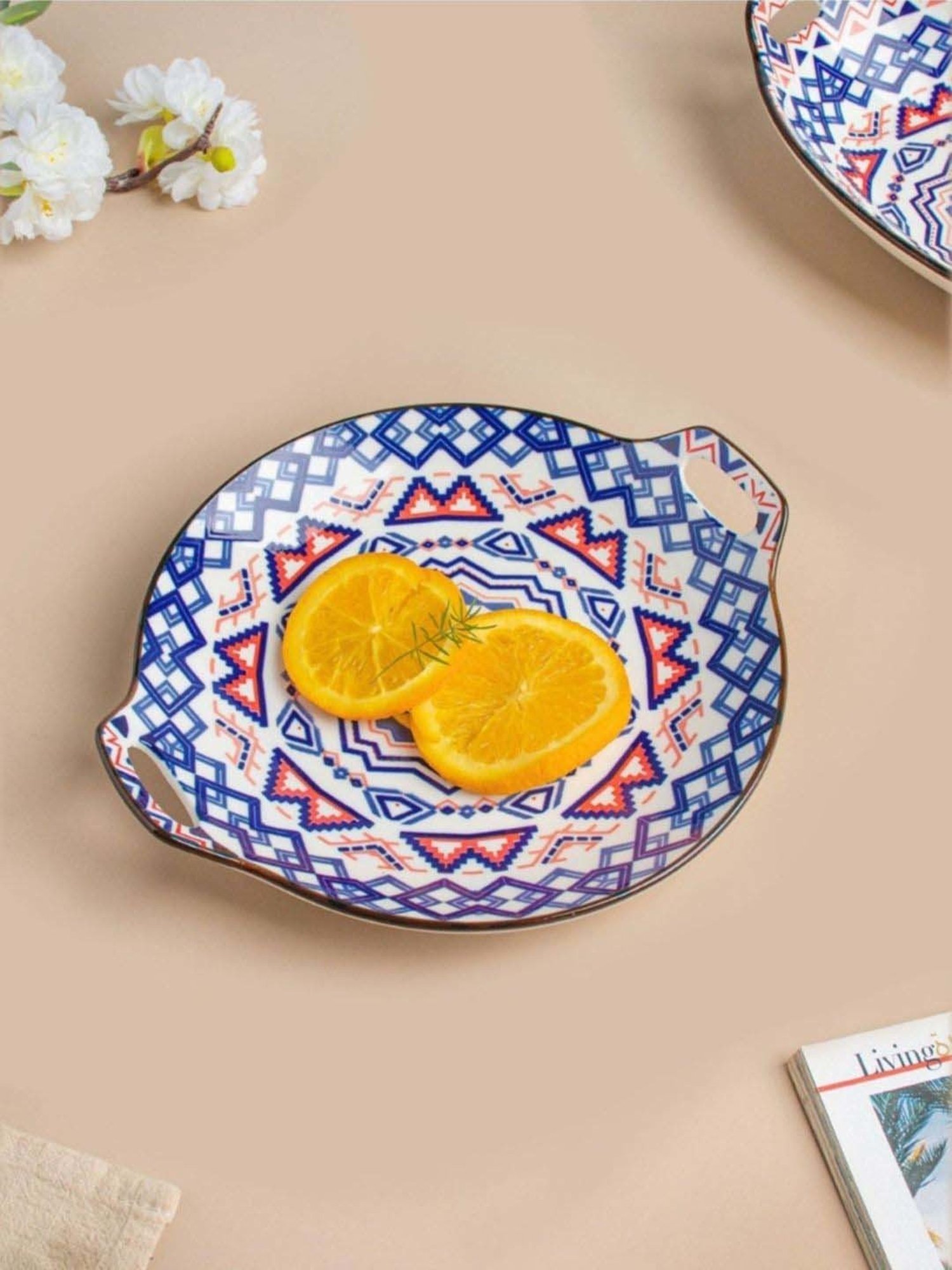 Nestasia Mandala Blue ceramic Round Platter With Handle for serving snacks (8.26 Inch)