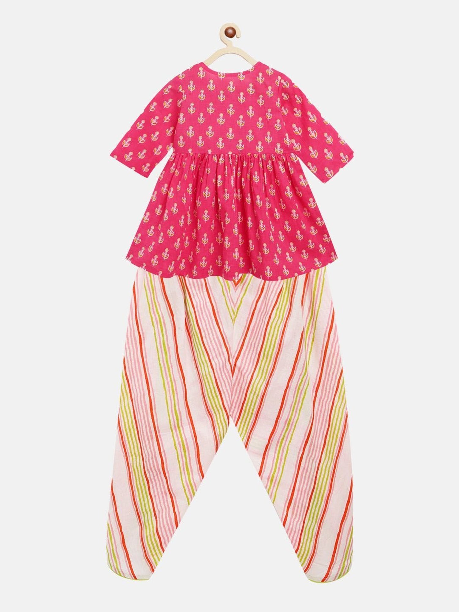 Campana Kids Pink & Beige Floral Print Kurta with Dhoti