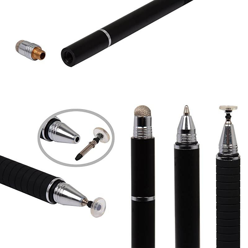 3in1 Hybrid Pen Capacitive Fiber and Fine Point Disc Stylus with Ballpoint Pen and Replaceable Tips 2 Pack