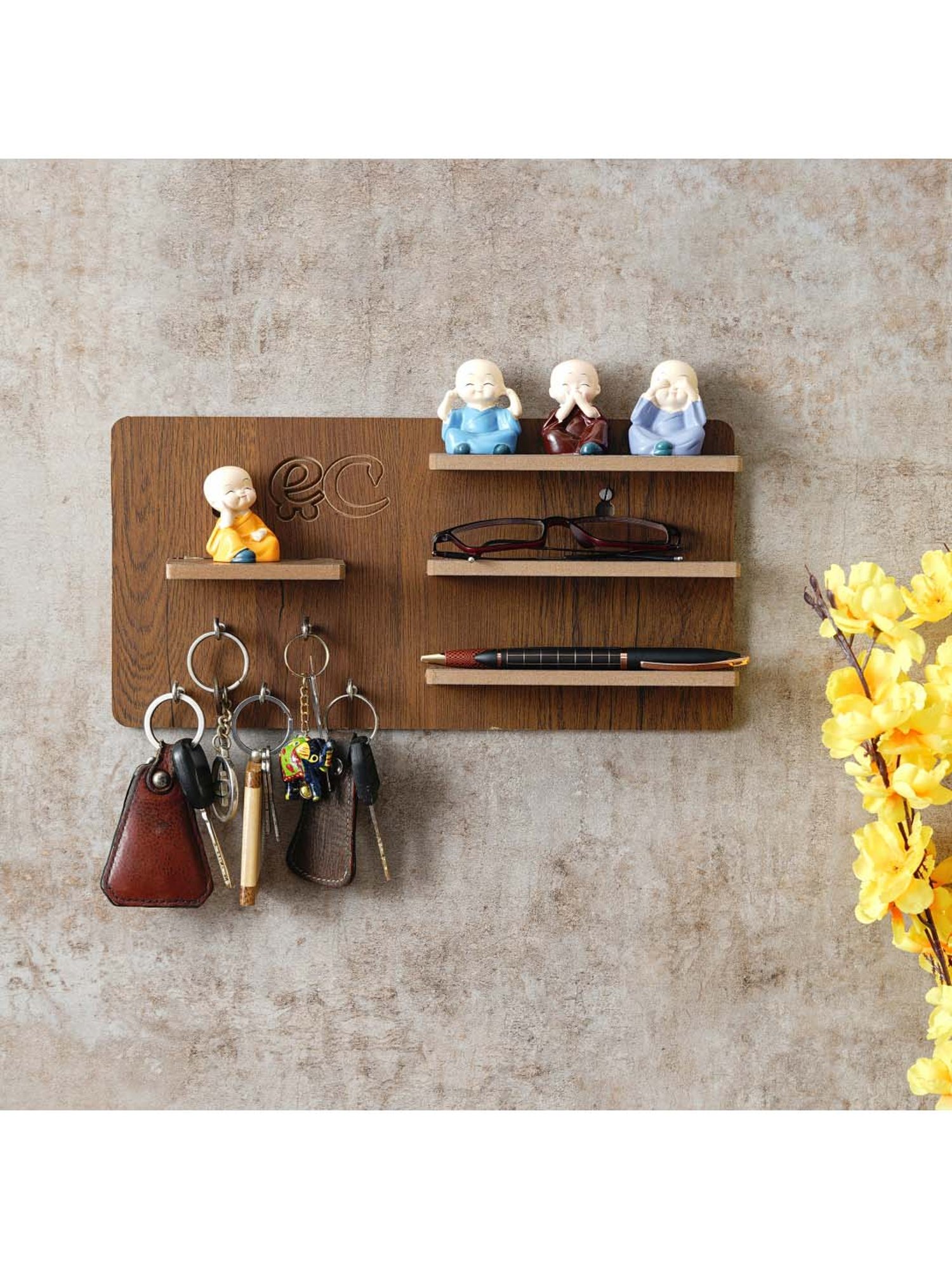 eCraftIndia Brown Wooden 5-in-1 Hook Keyholder With Shelf