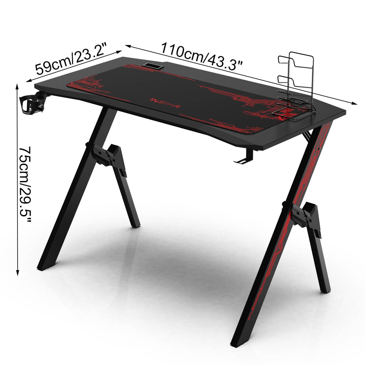 43" Ergonomic Gaming Computer Office Gamer Desk Table W/ Cup Holder Headphone