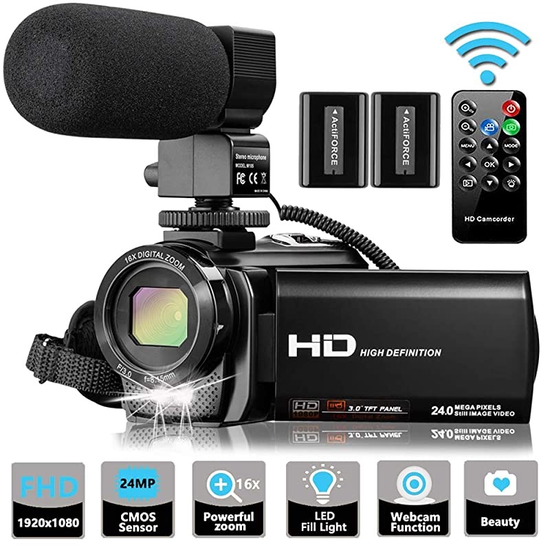 Camera Camcorder Full HD 1080P 30FPS 24 MP YouTube Camera Recorder 16X Zoom 3.0 Inch 270&deg; Rotation IPS Screen Digital Vlogging Camera Camcorders with Microphone, Remote, 2 Batteries
