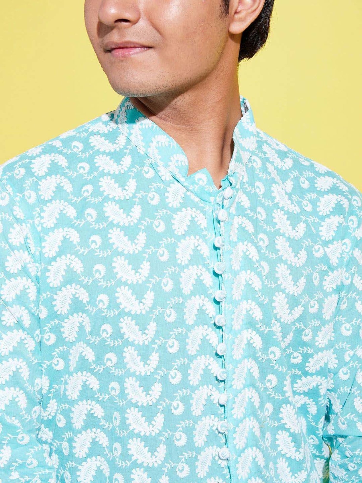 VASTRAMAY Boys Green & White Cotton Embroidery Full Sleeves Kurta Sets