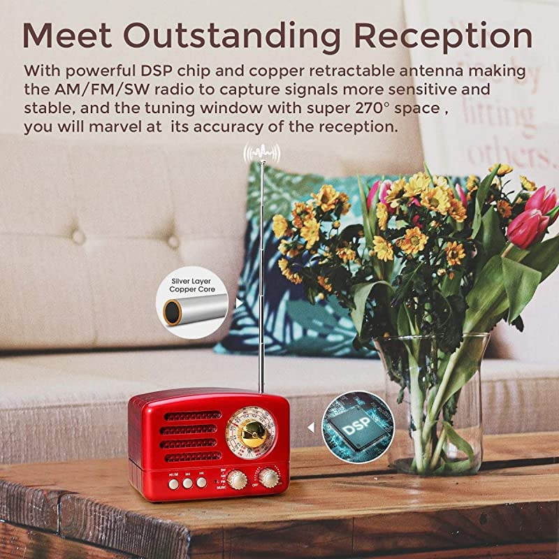 J-160 AM FM Radio Retro Bluetooth Speaker, Transistor Radio Portable Battery Operated Radio with Classical Vintage Look, Built-in USB Port, Micro-SD, AUX Input(Gold)