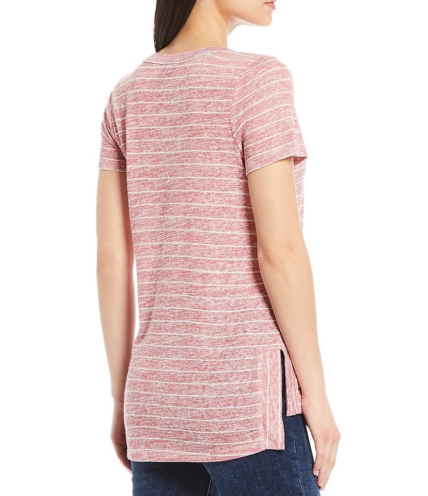 Bobeau Stripe Print Jewel Neck Short Sleeve Side Slit Tee