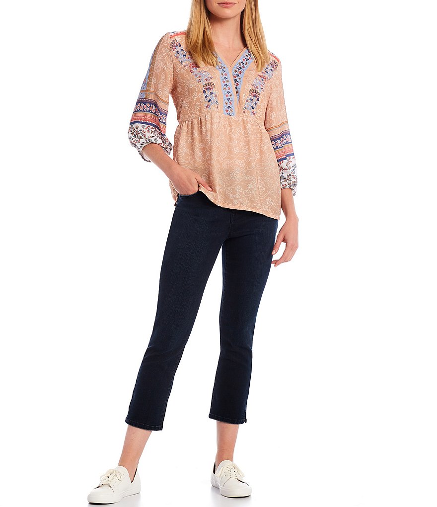 One World Apparel Mixed Floral Border Print Woven V-Neck 3/4 Sleeve Babydoll Top