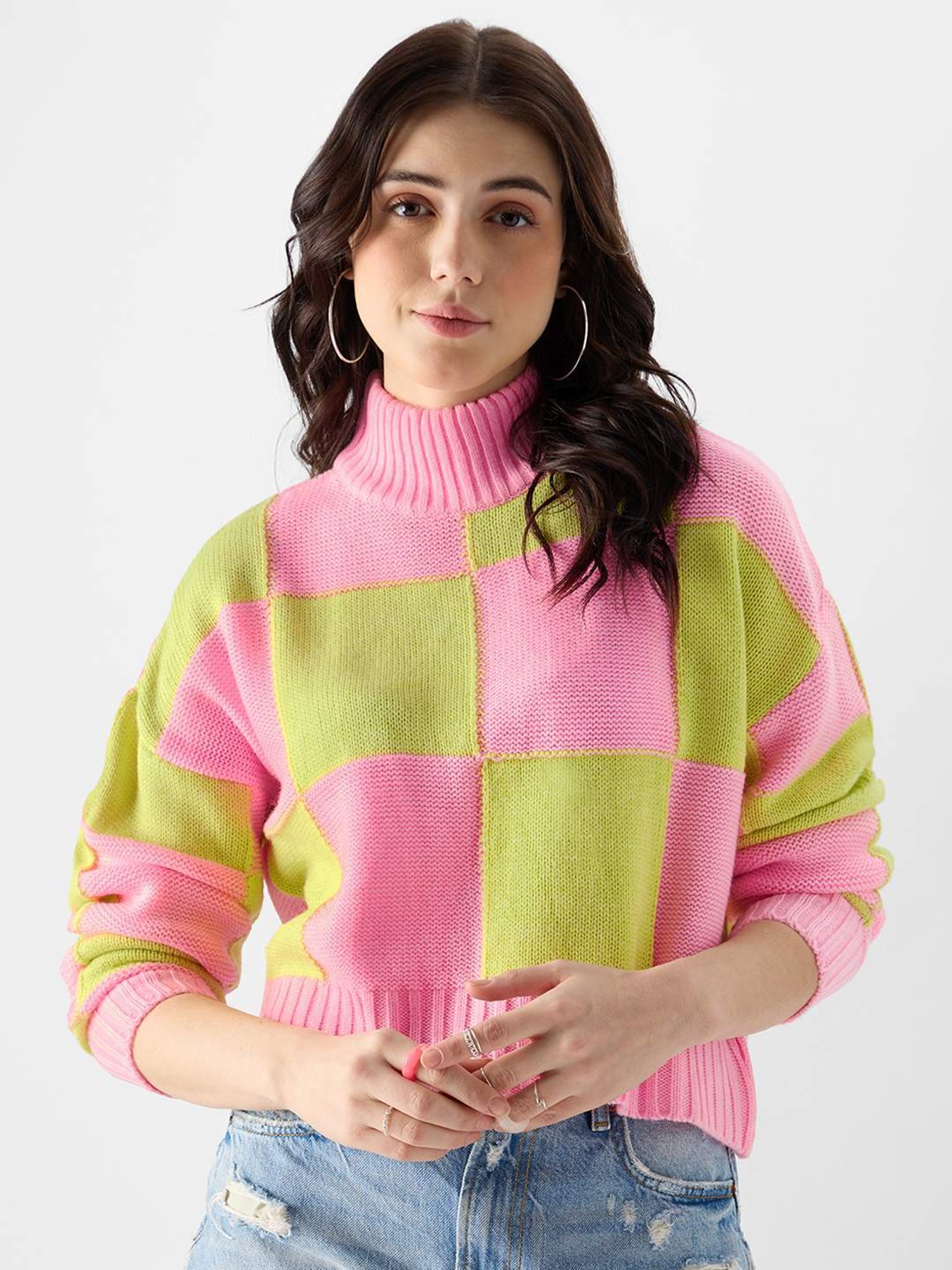 The Souled Store Green & Pink Cotton Color-Block Sweater