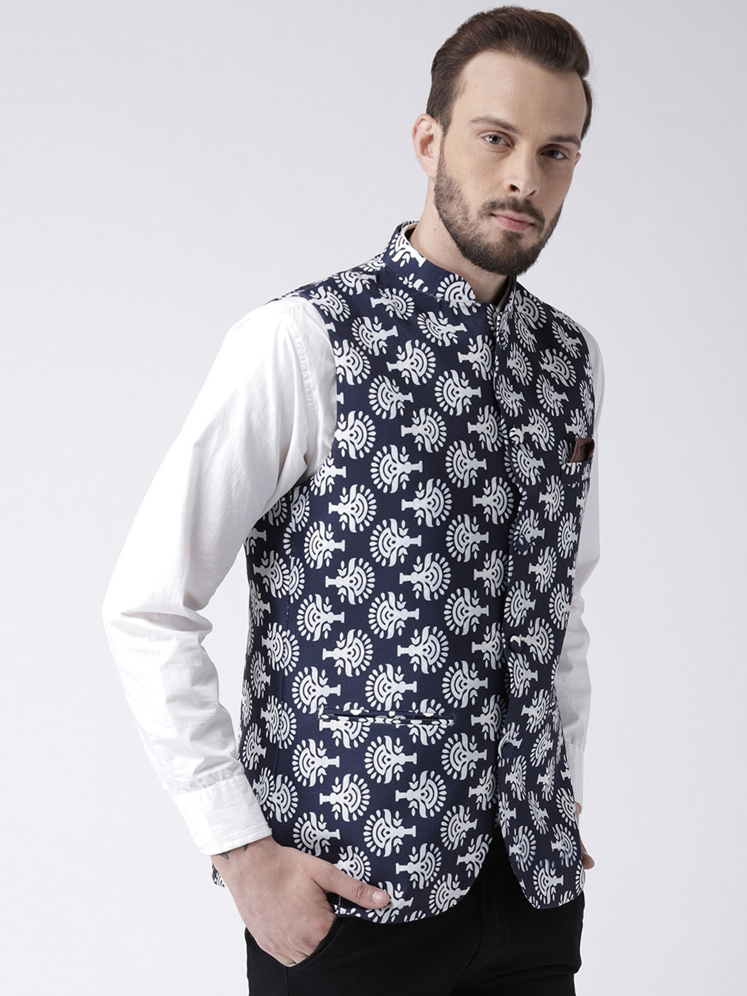 Hangup Plus Navy & White Regular Fit Printed Nehru Jacket