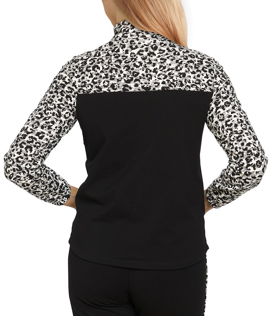 Ruby Rd. Petite Size Leopard Print Colorblock Drawstring Wing Collar Neck Long Sleeve French Terry Zip-Up Jacket