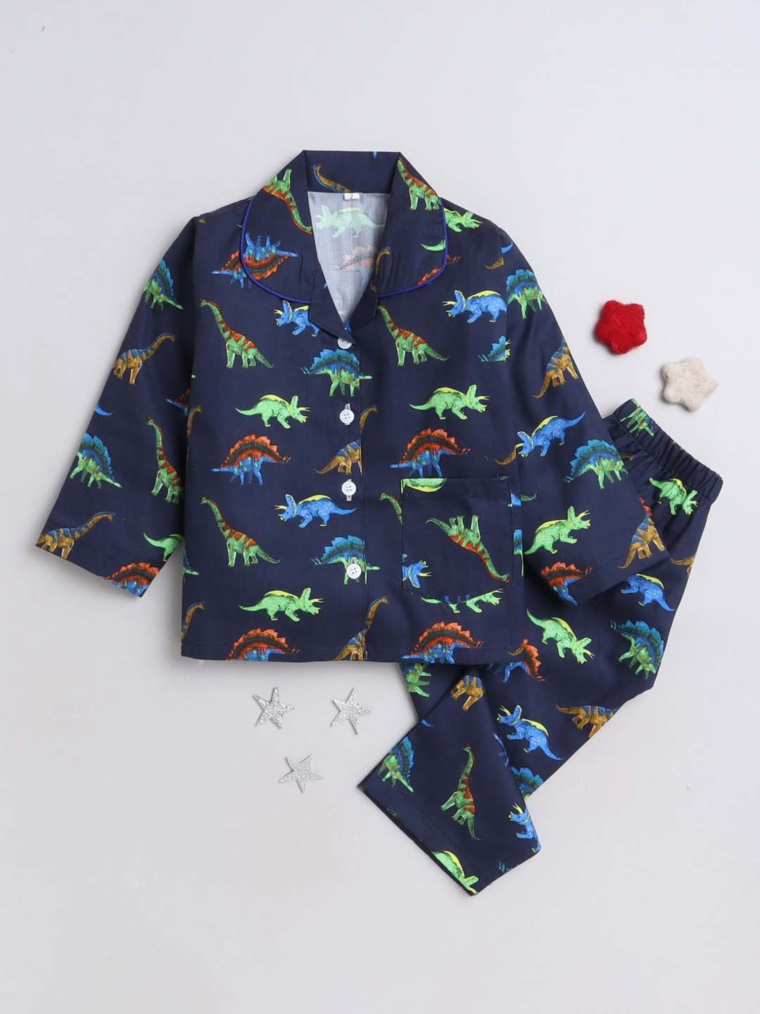 The Magic Wand Boys Navy Cotton Printed Full Sleeves Shirt Set