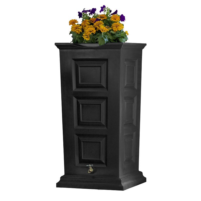 Good Ideas Savannah Outdoor 55 Gallon Flat Back Weatherproof Rain Barrel and Planter, Black