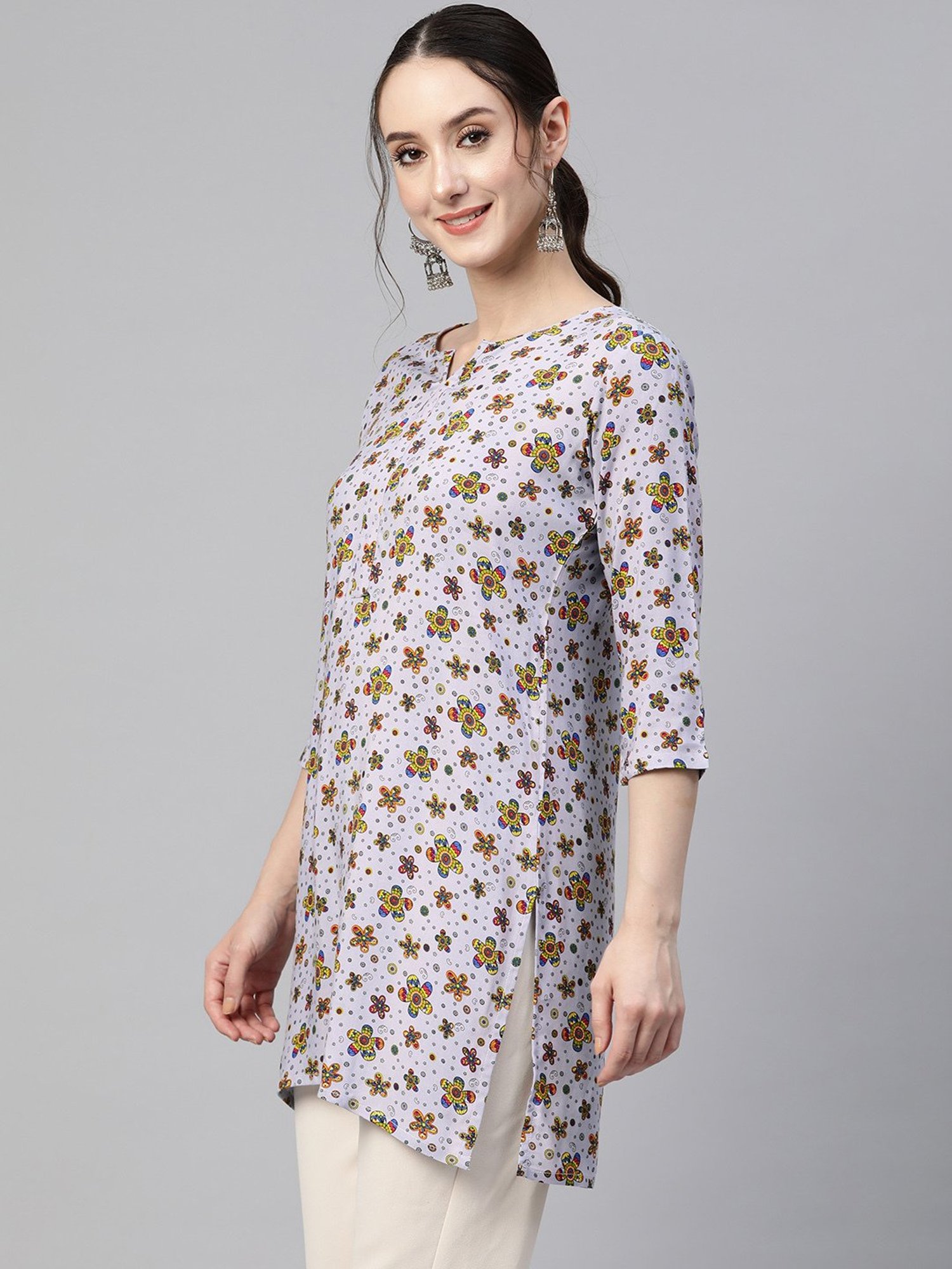 One Femme Grey Floral Print A Line Kurti