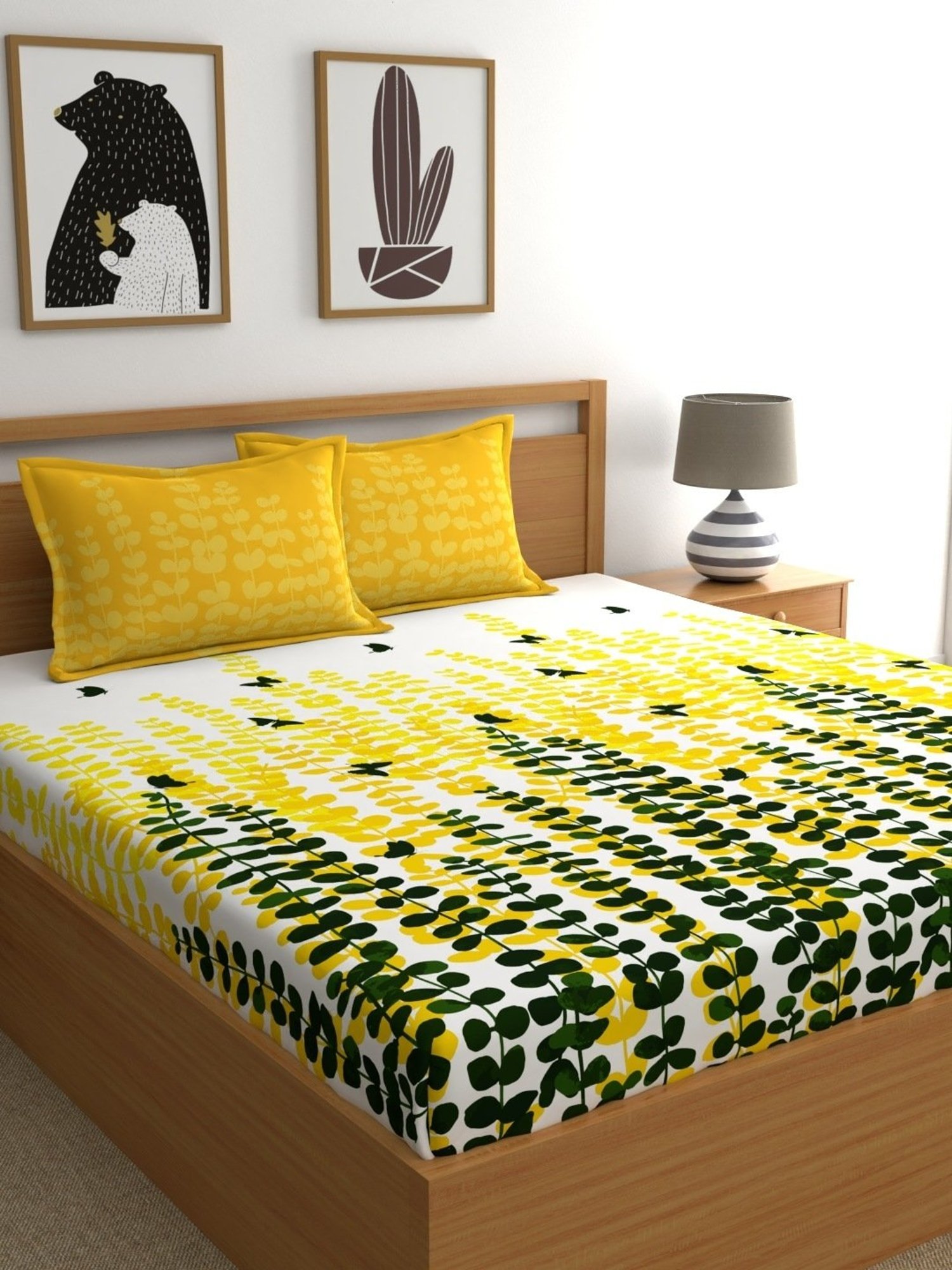 My Room Floral Yellow 140 TC Cotton Queen Bed Sheet with 2 Pillow Covers