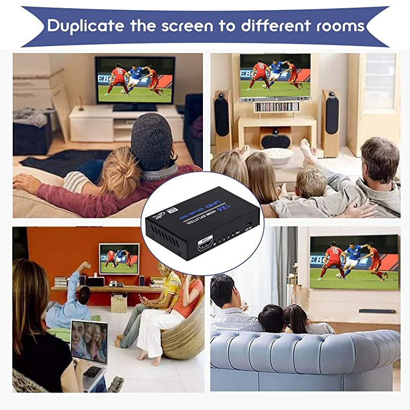 HDMI Splitter, 1 in 4 Out HDMI Splitter Audio Video Distributor Box Support 3D & 4K x 2K Compatible for HDTV, STB, DVD, PS3, Projector Etc
