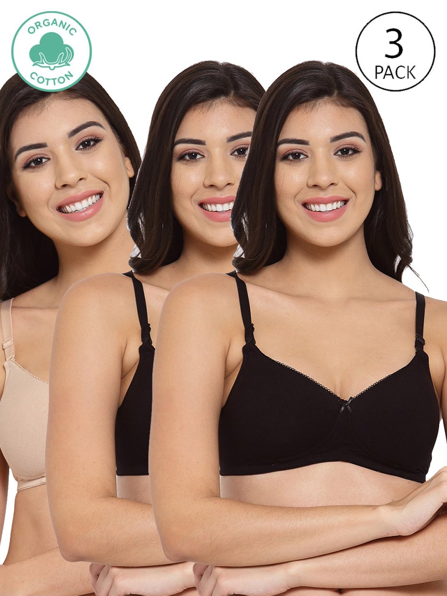 Inner Sense Black & Beige Full Coverage T-Shirt Bra - Pack of 3