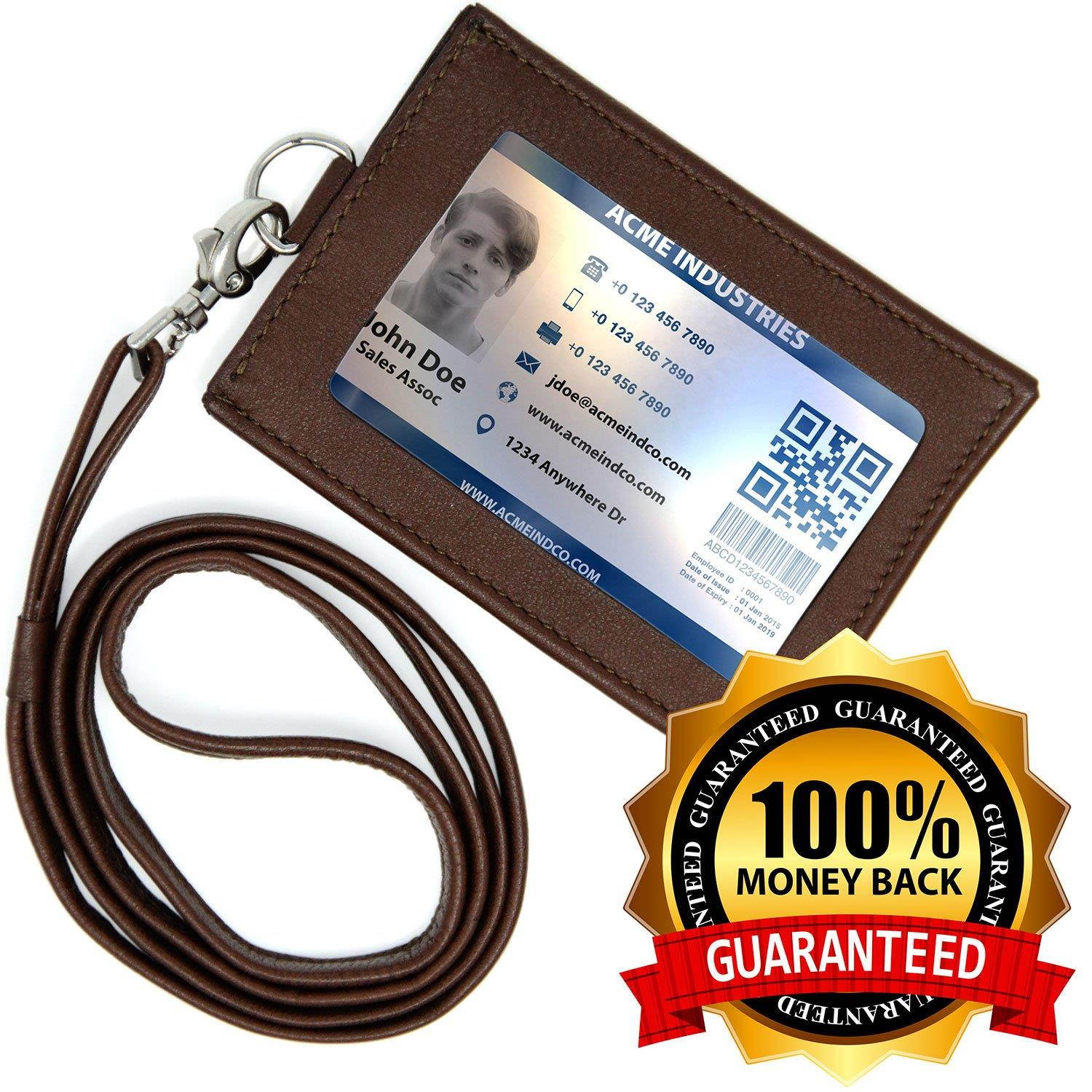 Logical Leather ID Lanyard with Detachable Vertical Badge Holder - Genuine Leather Lanyards for Women & Men (Brown)