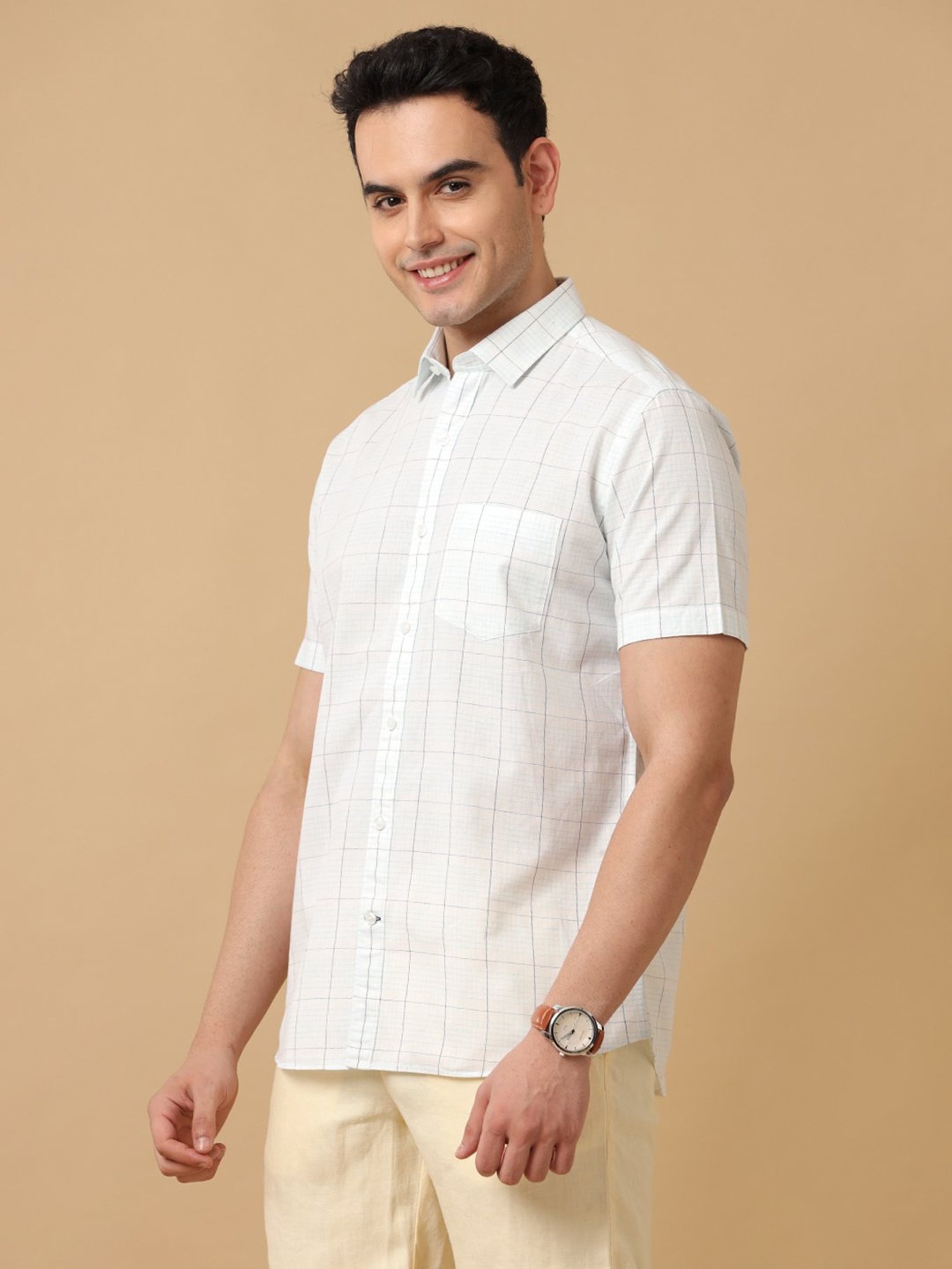 CAVALLO by Linen Club White Contemporary Fit Check Shirt