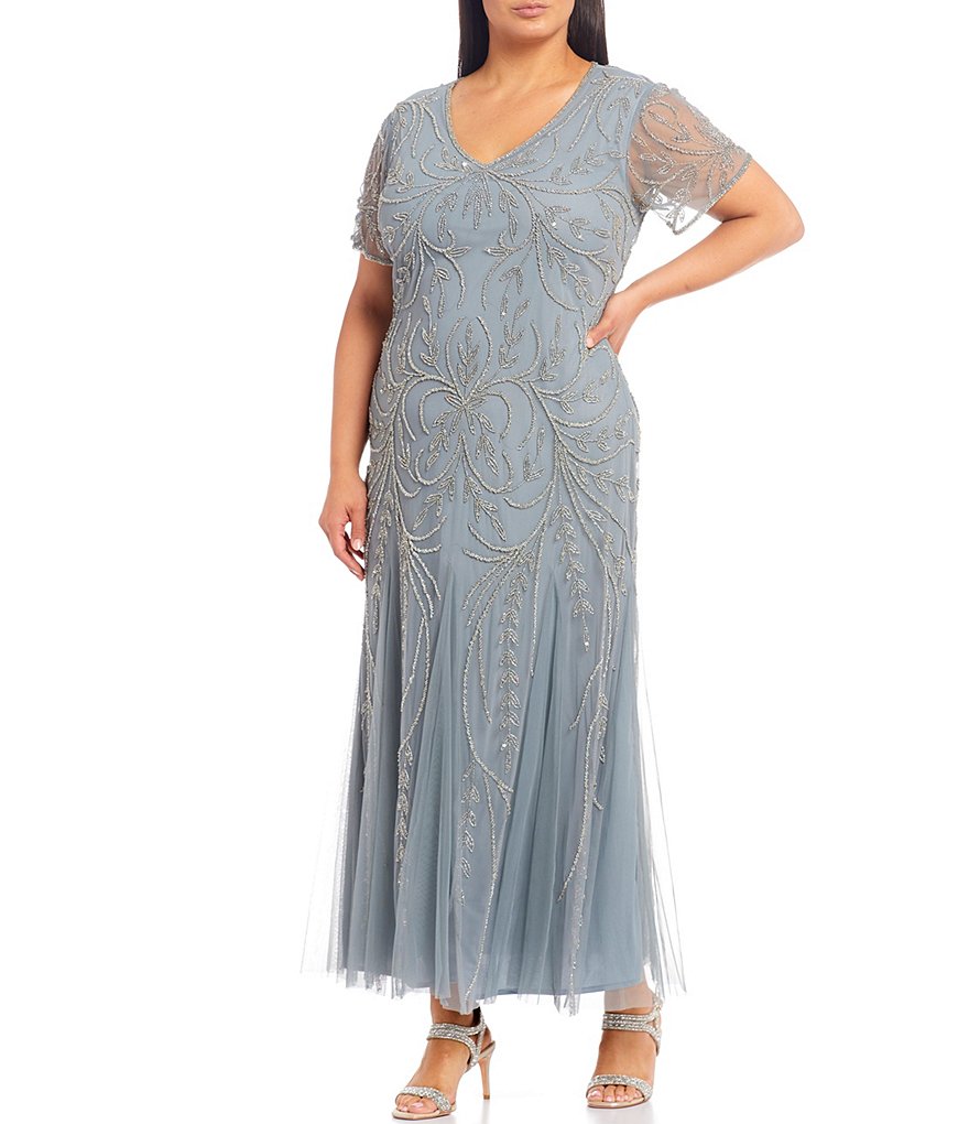 Pisarro Nights Plus Size Beaded V-Neck Short Sleeve Gown