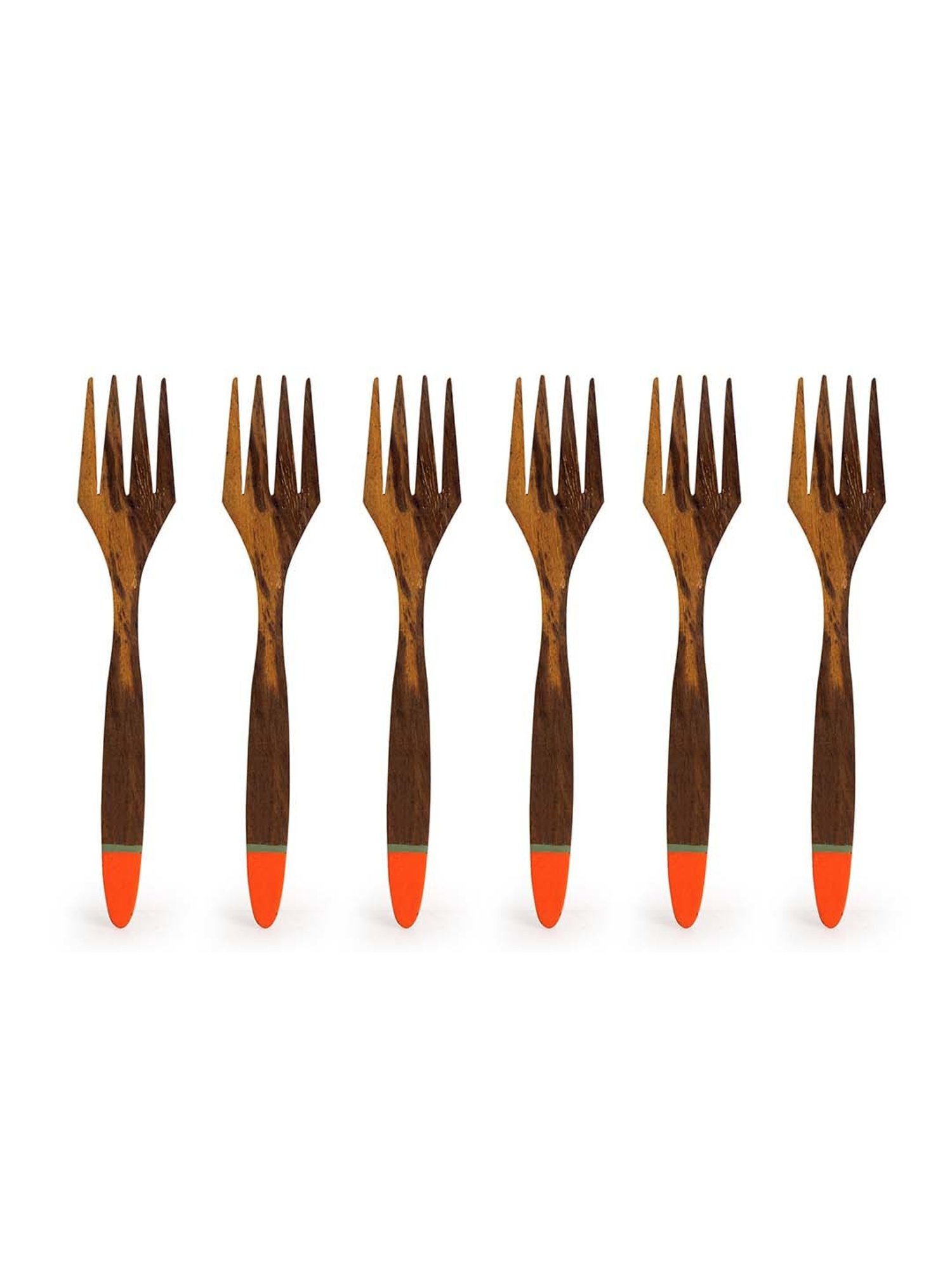 ExclusiveLane 'Tangerine Must-Haves' Hand-painted Table Forks In Sheesham Wood (Set of 6)