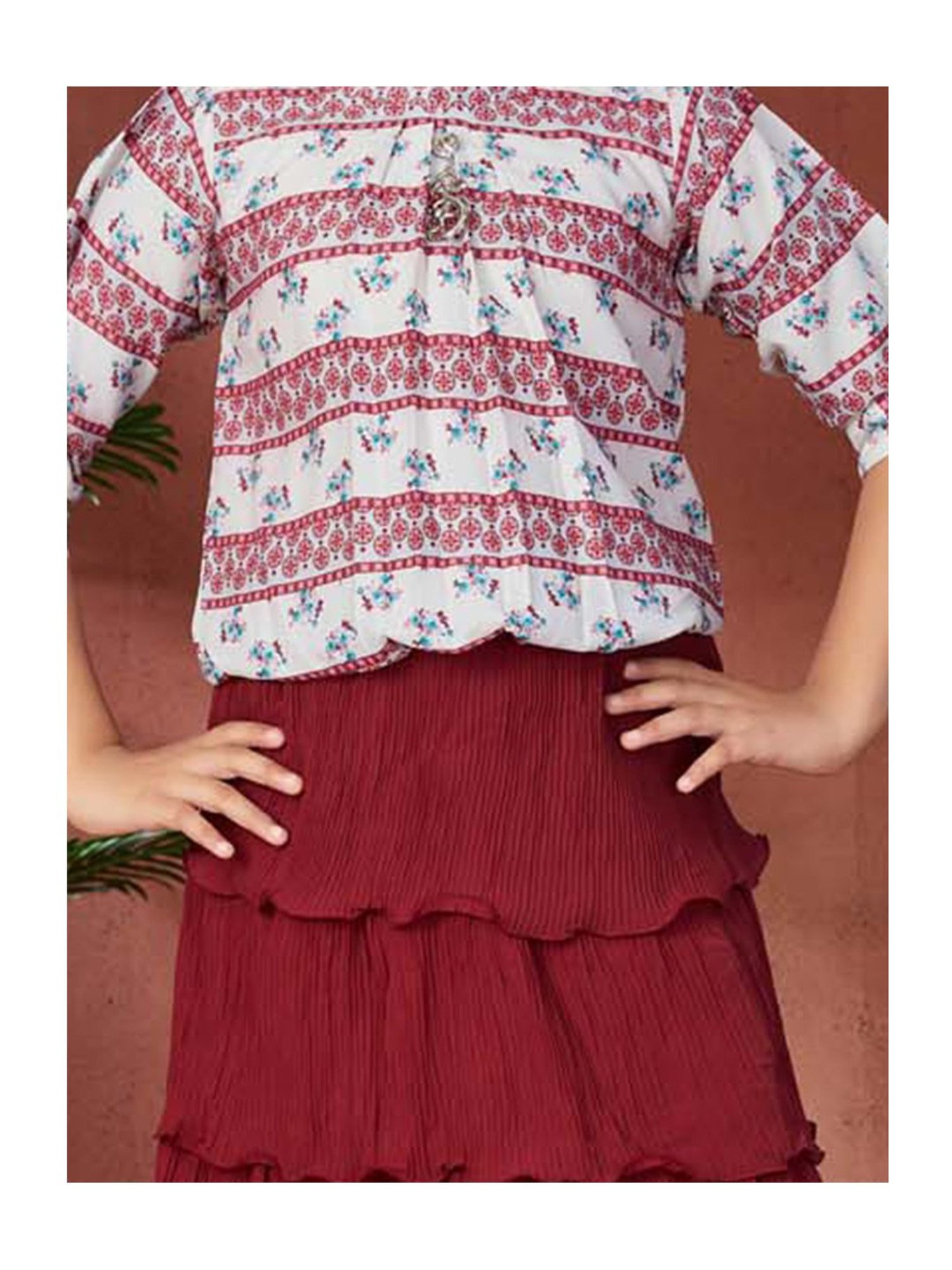 Aarika Girls Off White & Maroon Printed Top with Skirt