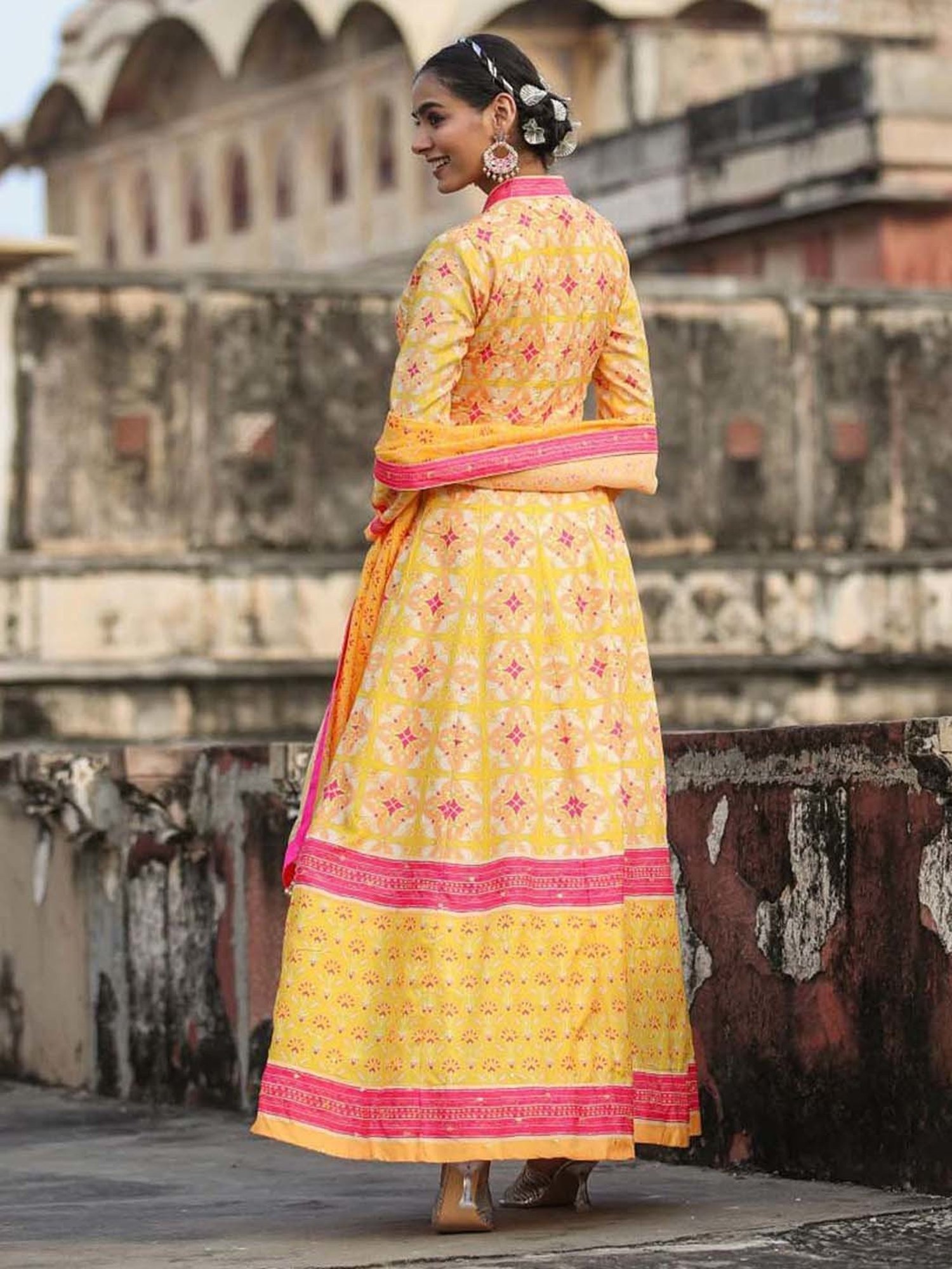 Saffron Threads Black Cotton Floral Print Ethnic Dress