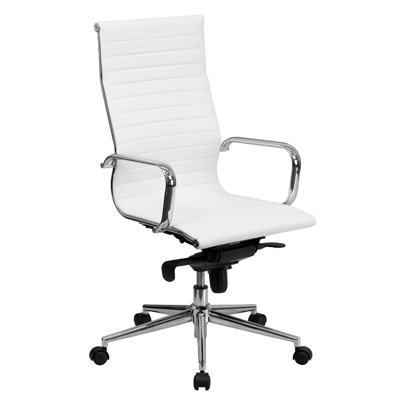 High Back Ribbed Leather Executive Swivel Office Chair with Knee Tilt Control White/Chrome - Riverstone Furniture