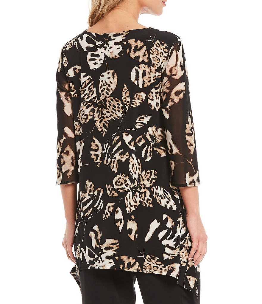 Caroline Rose 3/4 Mesh Sleeve Animal Floral Motif Tunic