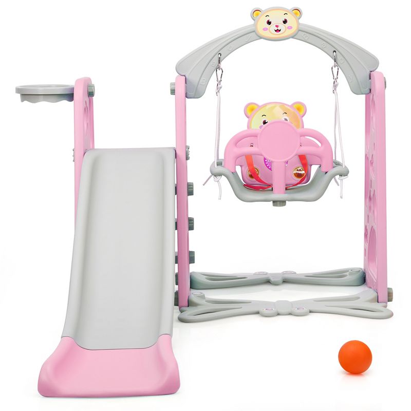 Costway 4-in-1 Toddler Climber and Swing Set w/ Basketball Hoop & Ball Pink