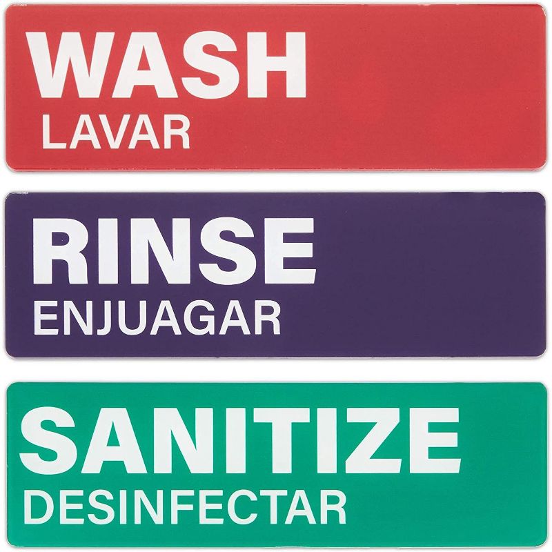 Stockroom Plus 3 Pack Magnetic Safety Signs, Wash Lavar, Rinse Enjuagar, Sanitize Desinfectar (9 x 2.76 in)