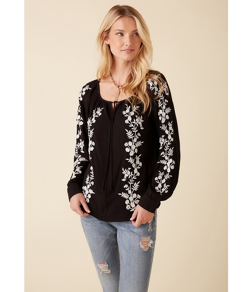 Karen Kane Long Button Cuff Sleeve Tie Split Round Neck Embroidered Gauze Peasant Top