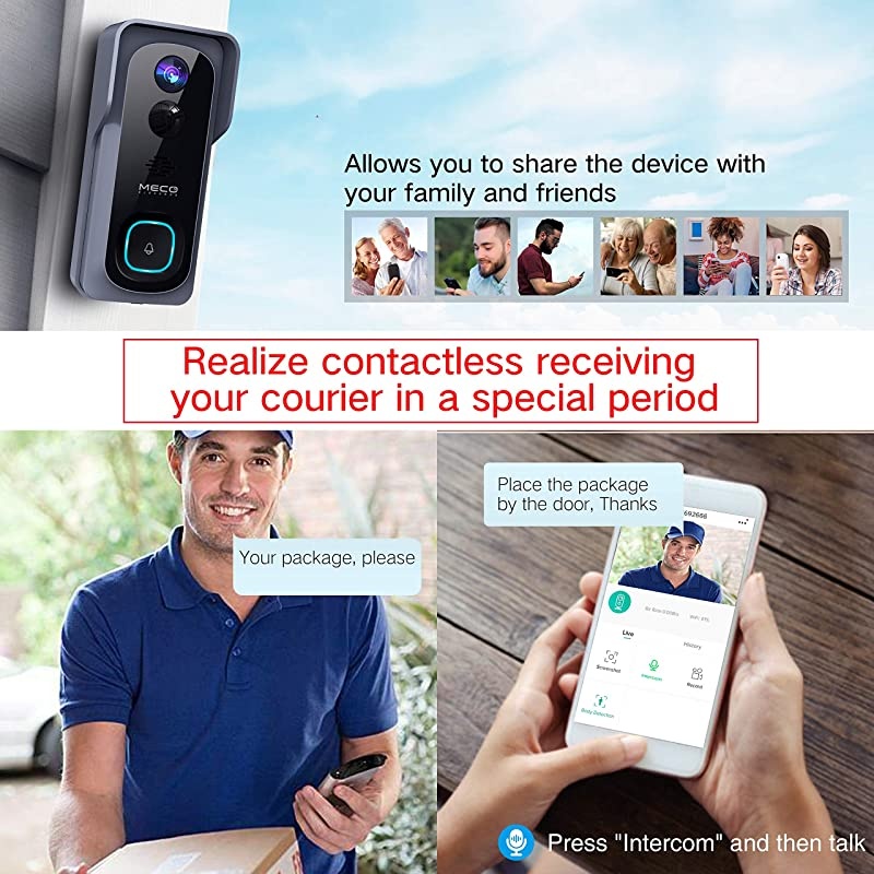 32GB Preinstalled?WiFi Video Doorbell, 1080P Doorbell Camera with Free Chime, Wireless Doorbell with Motion Detector, Night Vision, IP65 Waterproof, 166&deg;Wide Angle, 2.4GHz WiFi