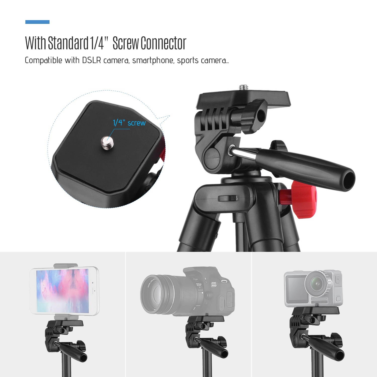 KINGJOY VT-831 Portable Lightweight Photography Tripod Stand Aluminum Alloy 1/4 Inch Screw Connector 2kg Load Capacity Max. Height 135cm with Carry Bag Black