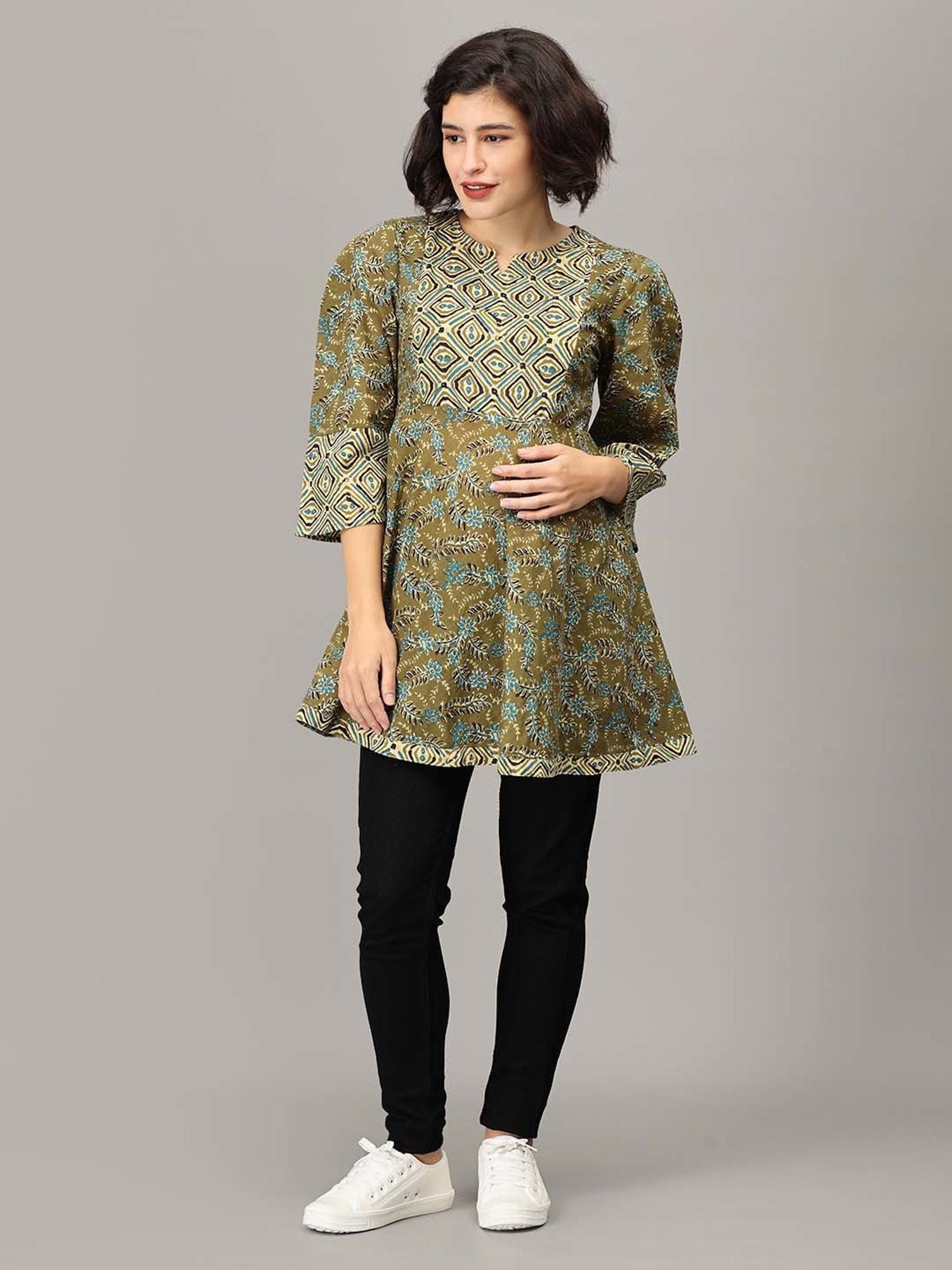 The Mom Store Green Floral Print Maternity Short Kurti