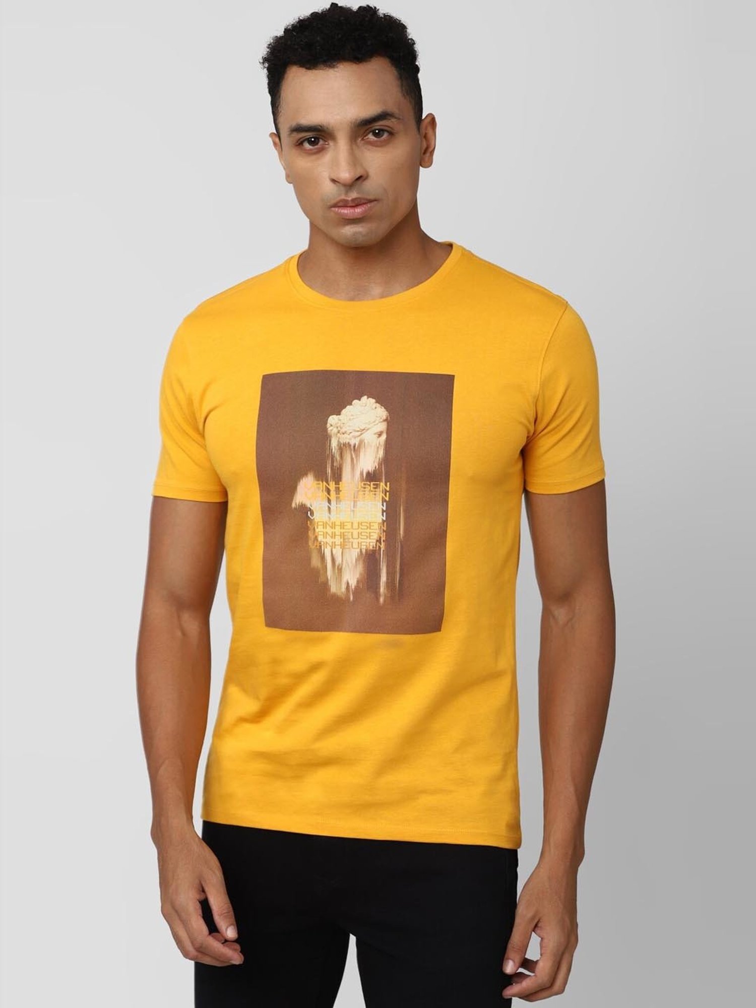 V Dot Yellow Cotton Slim Fit Printed T-Shirt