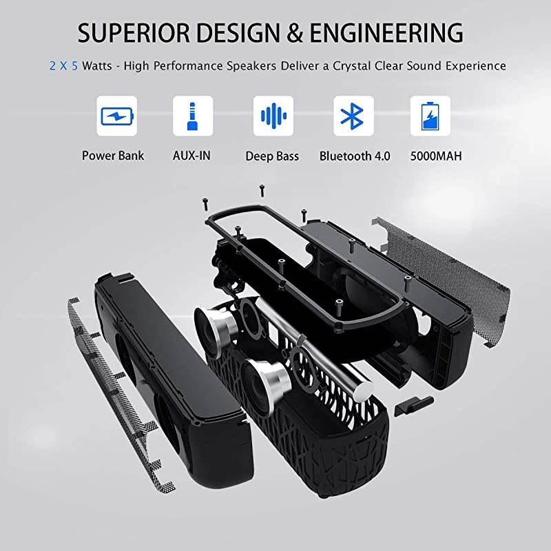 Solar Bluetooth Speaker Portable Outdoor Bluetooth IPX6 Waterproof Speaker with 5000mAh Power Bank60 Hours Play Time Dual Speaker with Mic Stereo Sound with Bass Home Wireless SpeakerBlack