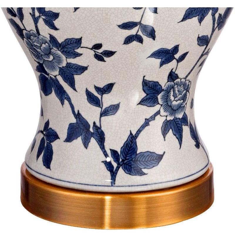 Barnes and Ivy Traditional Table Lamp Crackle Ceramic Blue and White Rose Vine Temple Jar White Bell Shade for Living Room Family