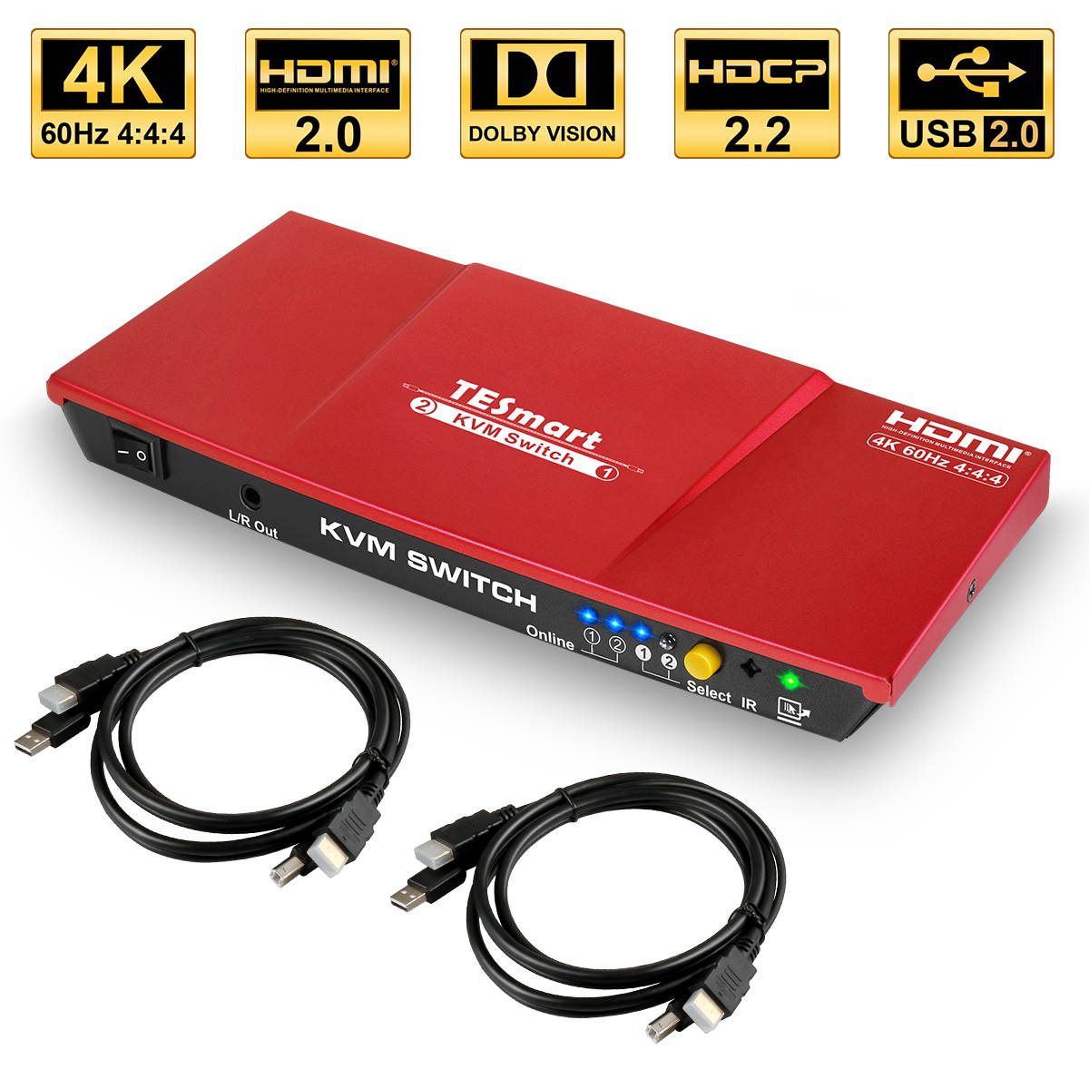 TESmart 2x1 HDMI KVM Switch 4K 3840x2160@60Hz 4:4:4 USB 2.0 2Pcs 5ft KVM Cables Control of 2 Computers/Servers/DVR (BLACK) EU Standard Plug