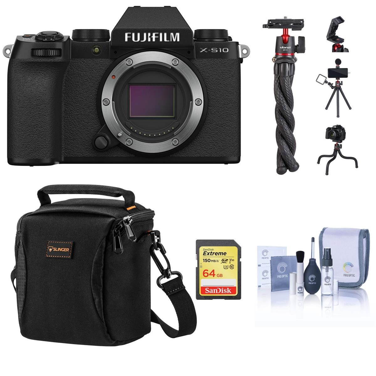 Fujifilm X-S10 Mirrorless Camera, Black (Body Only) with Bag, 64GB Card & Acc.