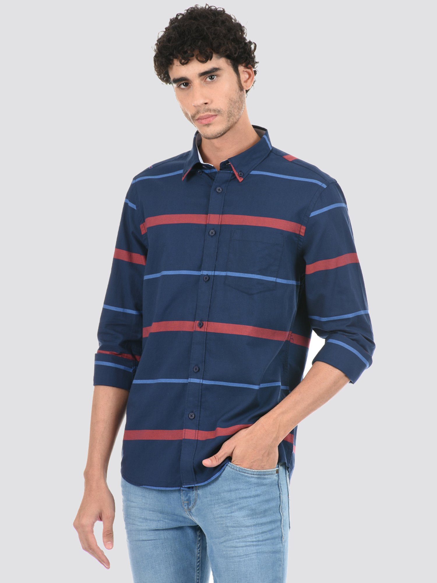 London Fog Navy Blue Regular Fit Striped Shirt