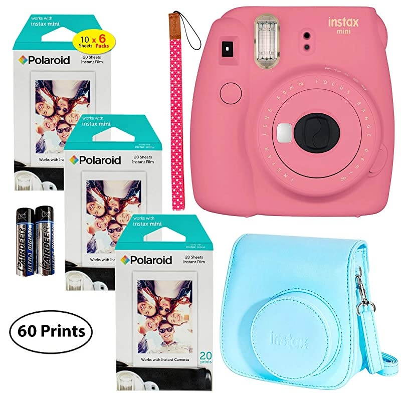 Instax Mini 9 Instant Camera (Smokey White), 6 x Packs of 10 Prints Instant Film (60 Sheets) with Groovy Case Bundle