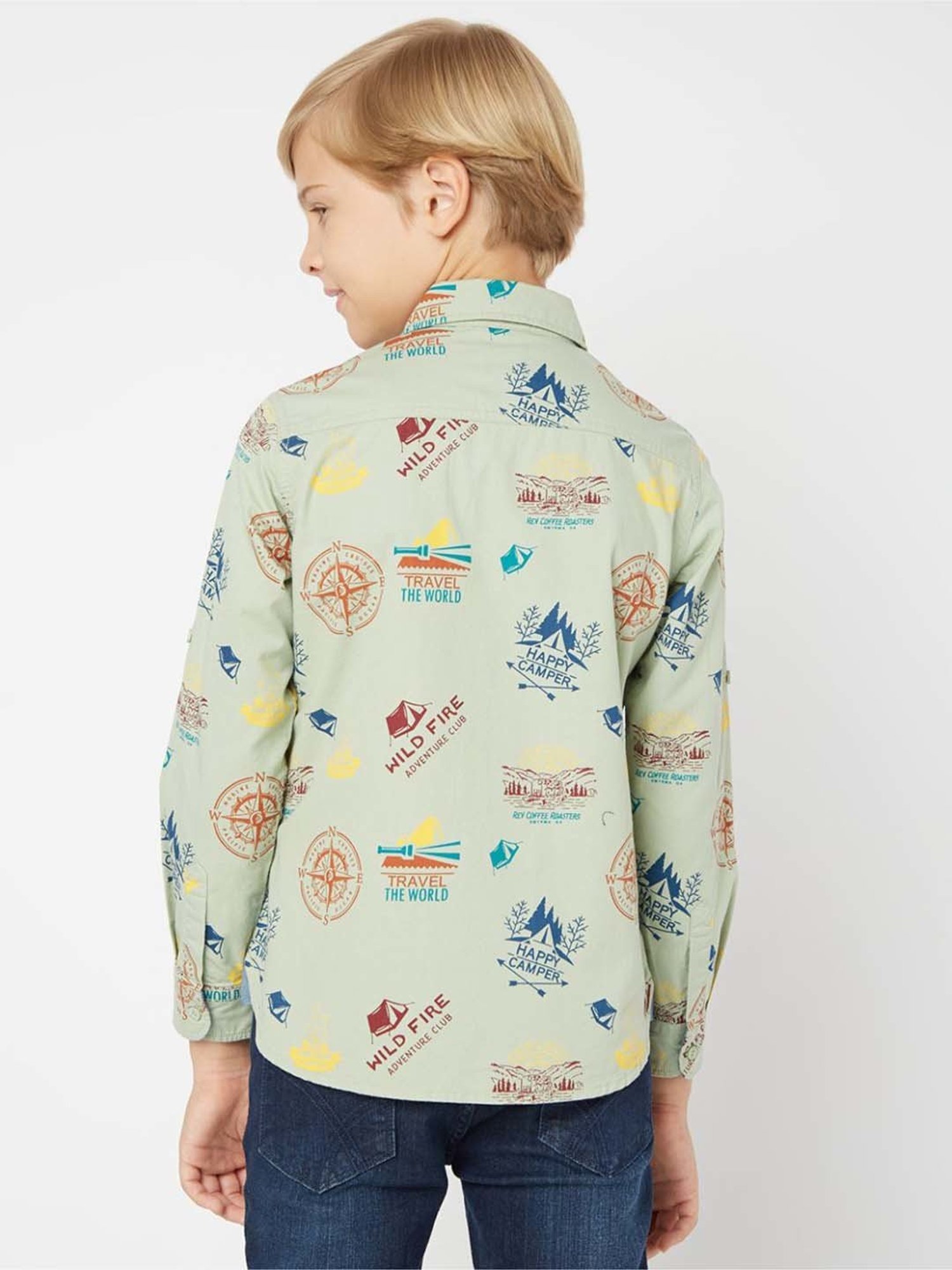 Gas Kids Sage green Cotton Printed Full Sleeves Shirt