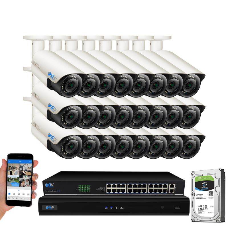 GW 5 Megapixel IP Camera PoE System, 8 Channel H.265 HEVC NVR w/ 4K Output, 8 x 5MP Full HD (2592 x 1920p) Digital WDR Power Over Ethernet Water Proof 130 Ft Night Vision Bullet IP Camera (2TB HDD)